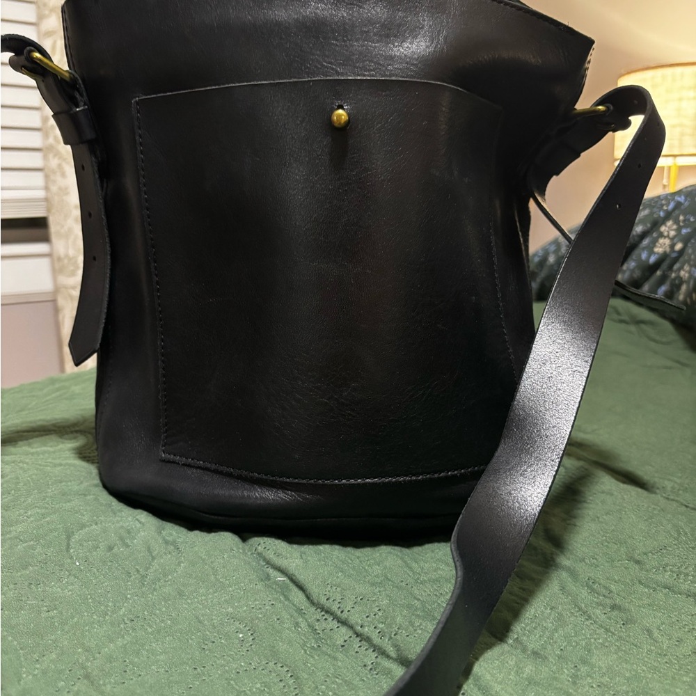 Madewell Black Leather Mini Bucket Bag with Gold Accents